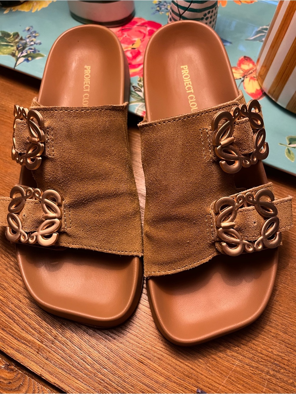 Project Cloud Tan Suede Double-Buckle Slide Sandals